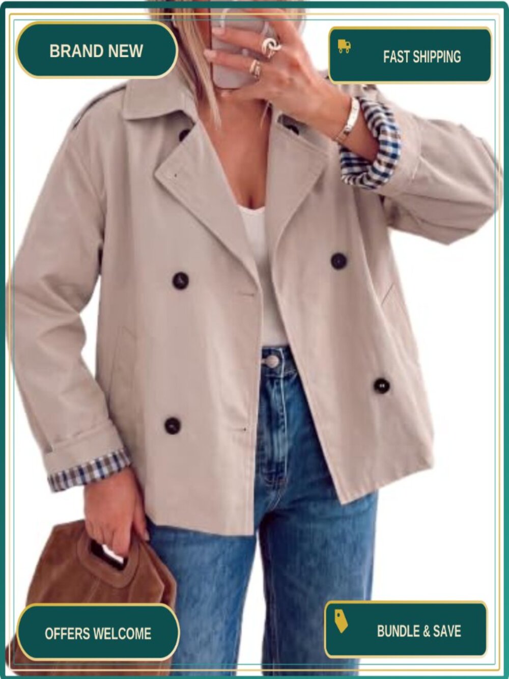 Cropped Trench Coat Double Breasted Short Jacket Plaid Lining